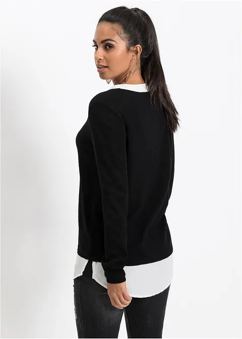 Genser i finstrikk med bluseinnfelling, bonprix