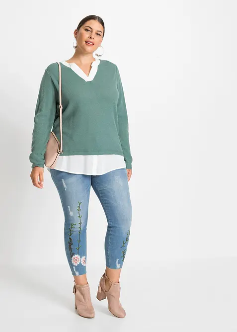 Genser i finstrikk med bluseinnfelling, bonprix