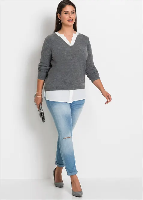 Genser i finstrikk med bluseinnfelling, bonprix