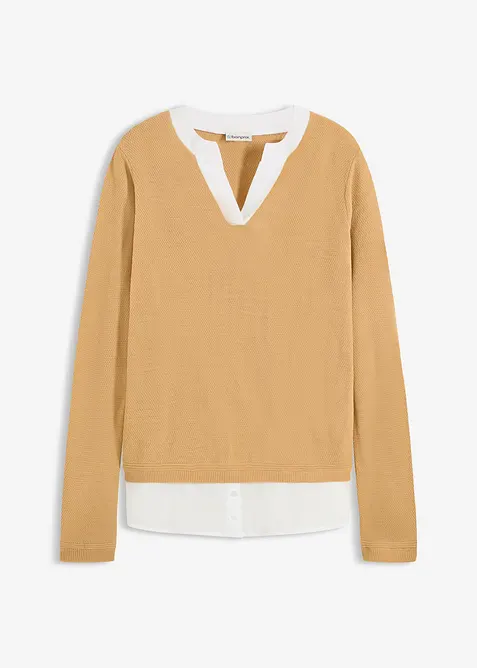 Genser i finstrikk med bluseinnfelling, bonprix