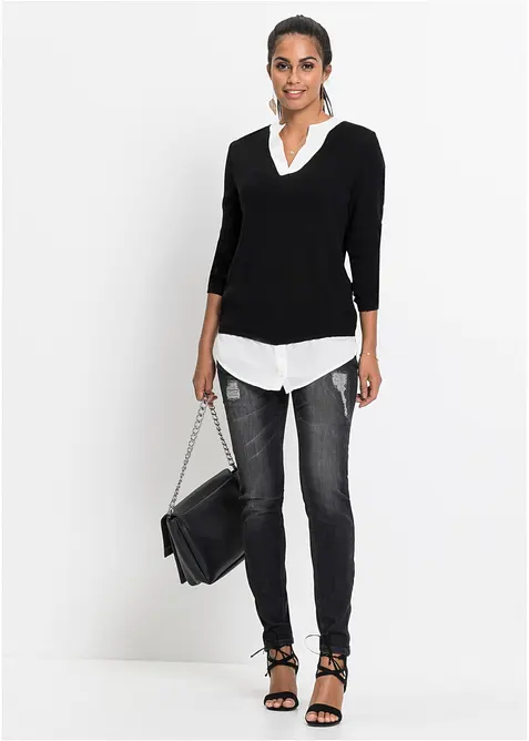 Genser i finstrikk med bluseinnfelling, bonprix