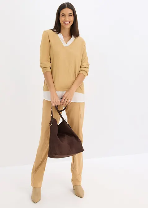 Genser i finstrikk med bluseinnfelling, bonprix