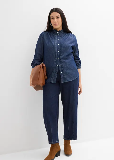 Denimbluse i &oslash;kologisk bomull med volanger, bonprix
