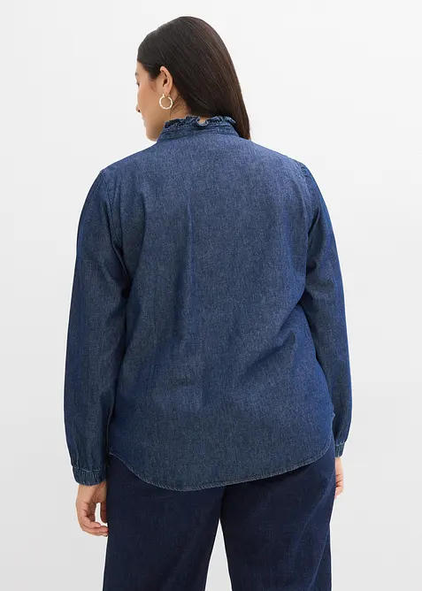 Denimbluse i &oslash;kologisk bomull med volanger, bonprix