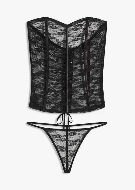 Korsett og stringtruse i blondemateriale (2-delt sett), bonprix