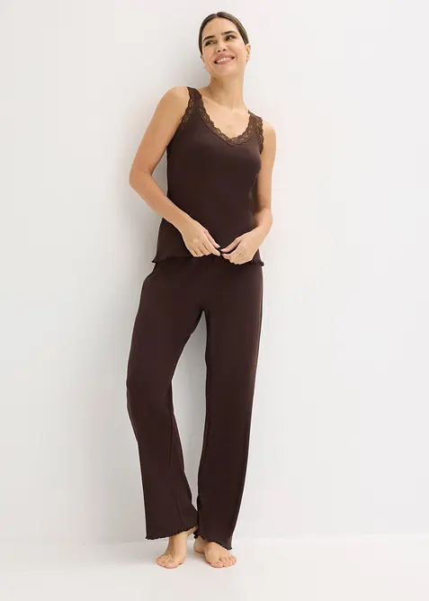 Pyjamas i ribbet materiale med blondetopp, bonprix