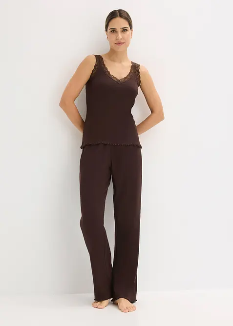 Pyjamas i ribbet materiale med blondetopp, bonprix
