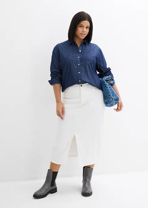 Jeansskj&oslash;rt i midilengde, bonprix