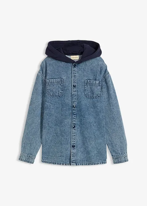 Denimskjorte med hette i trikot, bonprix