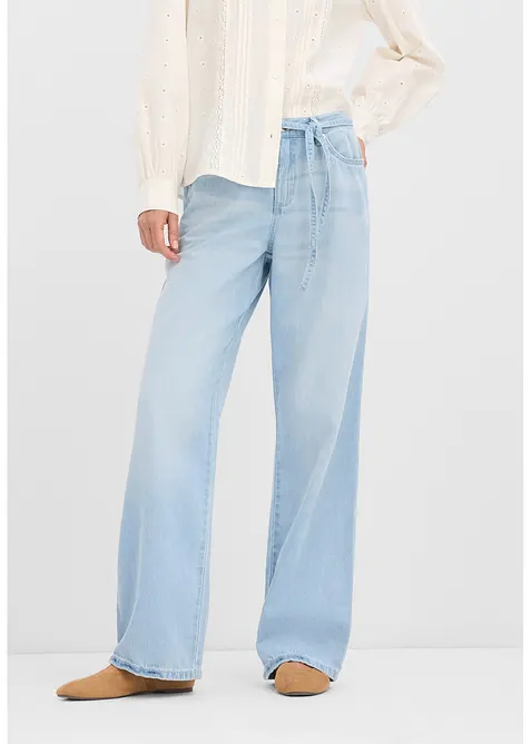 Wide Leg-jeans, Mid Waist, med belte, bonprix