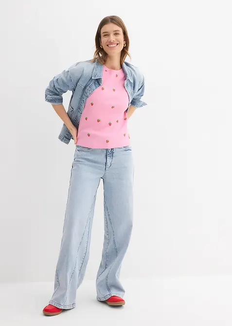 Ribbet topp i 100% &oslash;kologisk bomull med broderi, bonprix