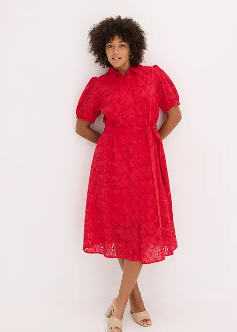 Skjortekjole i 100% bomull med hullbroderier, bonprix