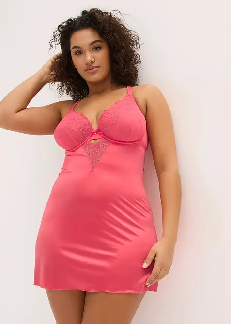 Babydoll i glansfullt materiale med glitrende blomsterbroderi, bonprix