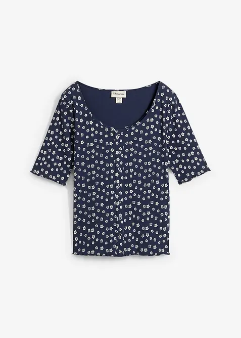 Ribbet topp med blomsterm&oslash;nster, kortermet, bonprix