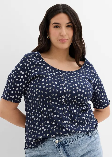 Ribbet topp med blomsterm&oslash;nster, kortermet, bonprix