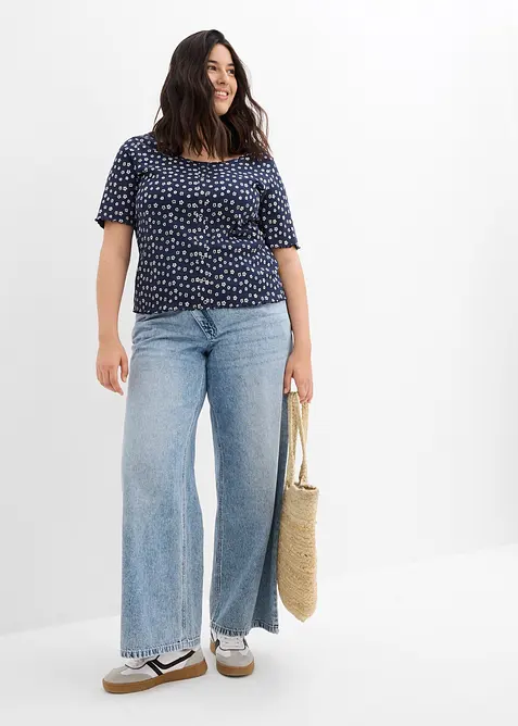 Ribbet topp med blomsterm&oslash;nster, kortermet, bonprix