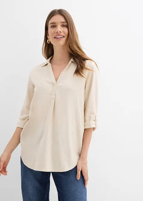 Bluse med lin og 3/4-lange ermer, bonprix