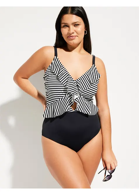 Badedrakt med cut outs og volanger, bonprix