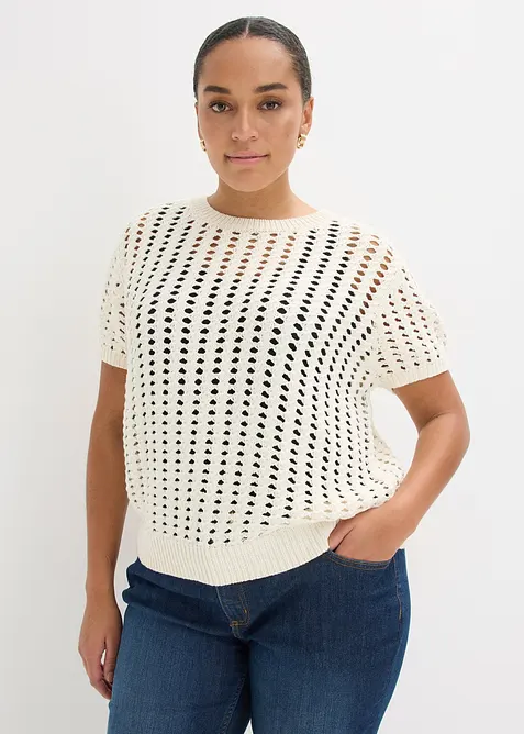 Kortermet genser i 100% bomull med hullm&oslash;nster, bonprix