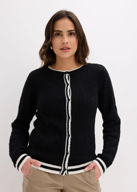 Cardigan med hullm&oslash;nster og fj&aelig;rgarn, bonprix