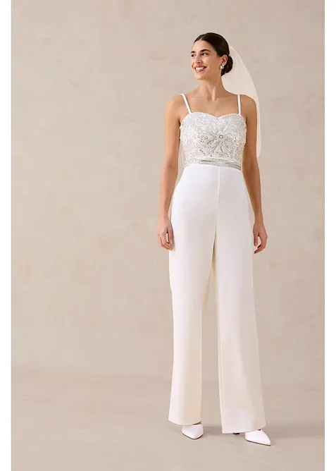 Elegant jumpsuit i strukturert krepp med perlebroderi, bonprix