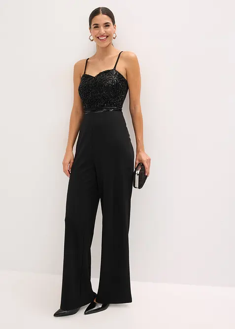 Elegant jumpsuit i strukturert krepp med perlebroderi, bonprix