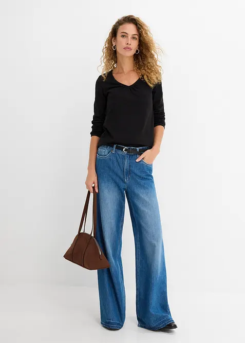 Langermet topp i 100% bomull med strikk, bonprix