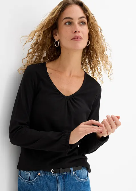 Langermet topp i 100% bomull med strikk, bonprix