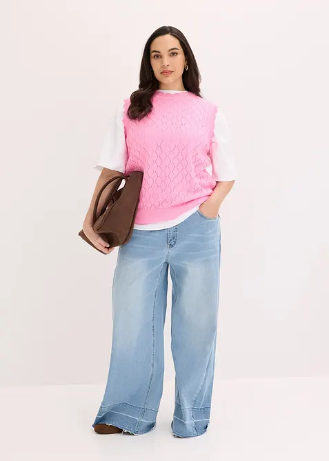 Strikket vest i bomullsmiks med hullm&oslash;nster, bonprix