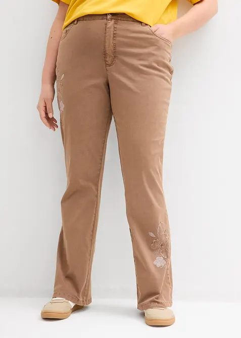 Bootcut-bukse med blomsterbroderier, bonprix
