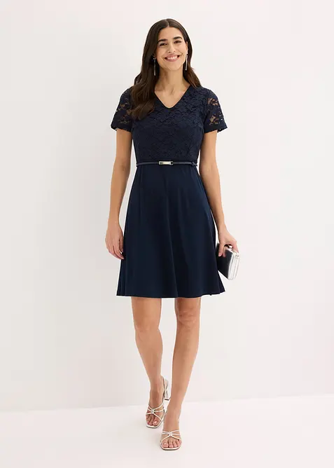 Minikjole med blonder og belte, bonprix