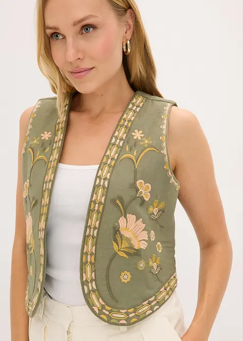 Brodert vest av luftig linmiks, bonprix