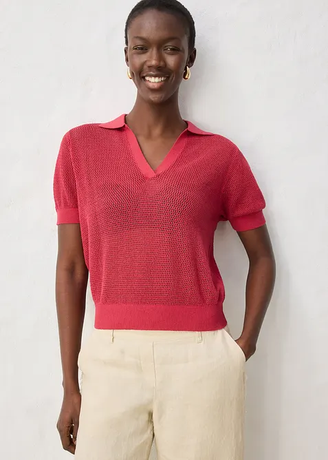 Strikket topp med lin, krage og hullm&oslash;nster, bonprix