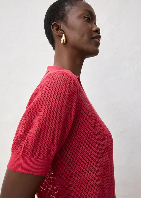 Strikket topp med lin, krage og hullm&oslash;nster, bonprix