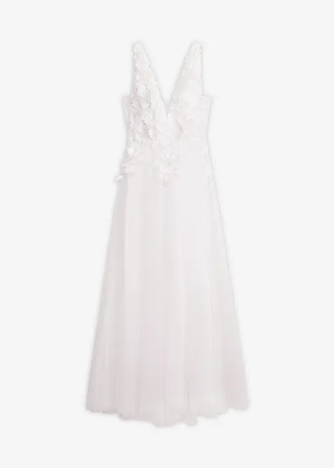 Maxikjole i fin tyll med applikerte blomster, bonprix