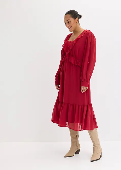 Chiffonkjole med blonde og volanger, bonprix