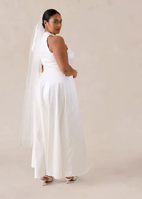 Brudekjole i blank sateng med blonder, bonprix