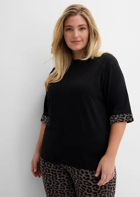 Sweatshirt i bomullsmiks med leopardm&oslash;nster p&aring; ermekanten, bonprix