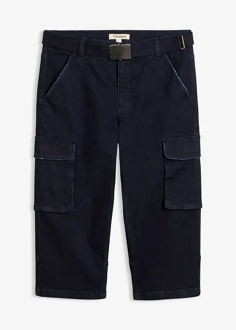 3/4-cargojeans med stretch og belte, Relaxed fit, bonprix