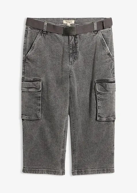 3/4-cargojeans med stretch og belte, Relaxed fit, bonprix