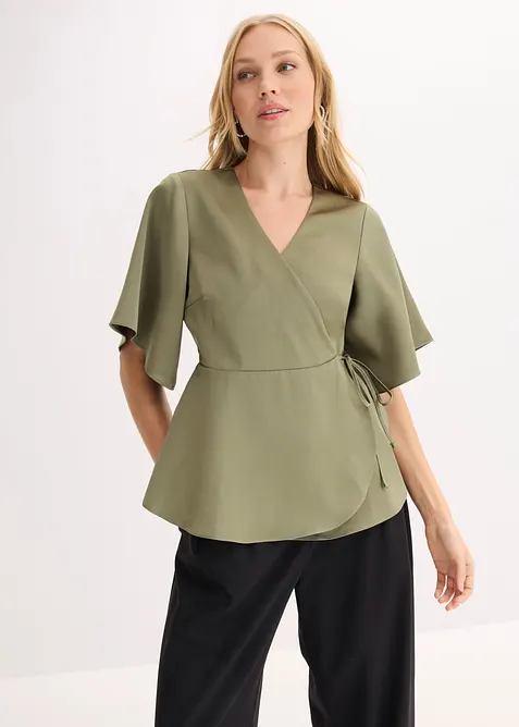 Satengbluse med dyp utringning, bonprix
