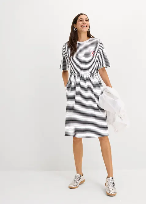 Stripete jerseykjole med broderi, bonprix