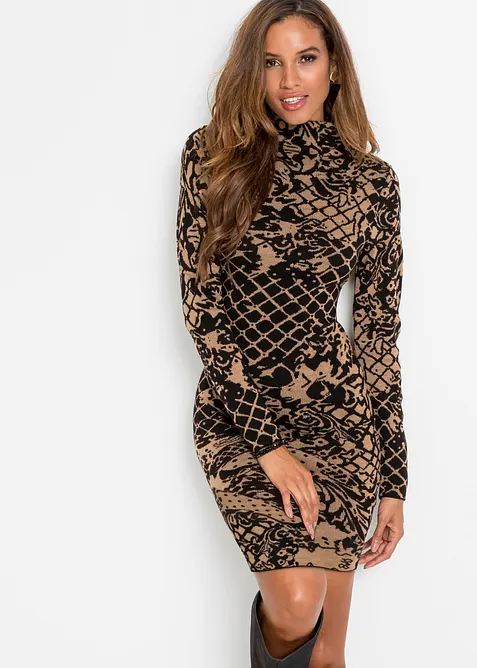 Figurn&aelig;r strikket kjole med st&aring;krage, bonprix