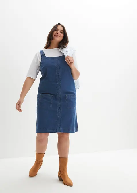 Knelang kjole i bomullsdenim med seler, bonprix