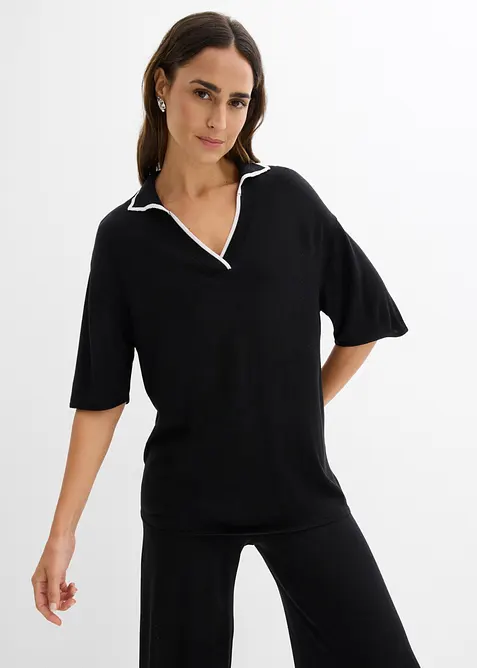 Finstrikket genser i viskosemiks med krage, bonprix