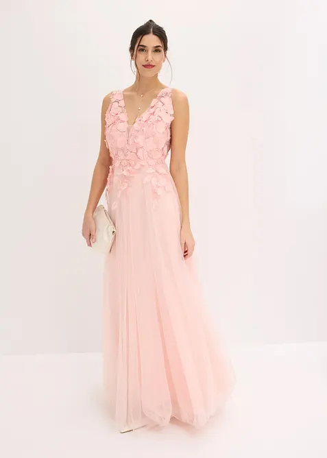 Maxikjole i fin tyll med applikerte blomster, bonprix