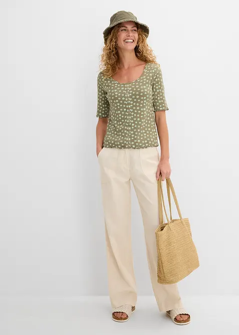 Ribbet topp med blomsterm&oslash;nster, kortermet, bonprix