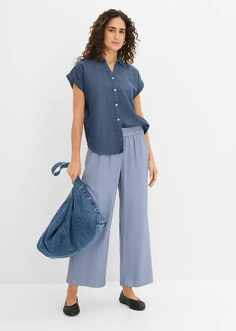 Kortermet denimskjorte med lin, bonprix