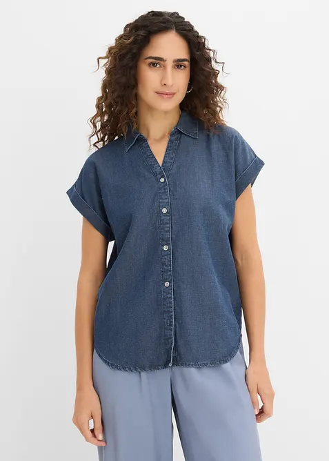 Kortermet denimskjorte med lin, bonprix