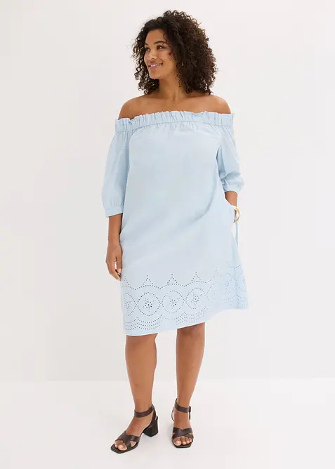 Off shoulder-kjole i 100% bomull med hullbroderi, bonprix